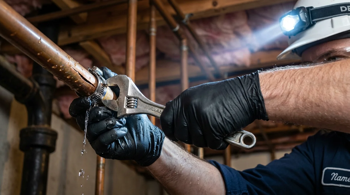 Emergency pipe clamp repair being performed by a Johns Plumbing LLC plumber in Lockney