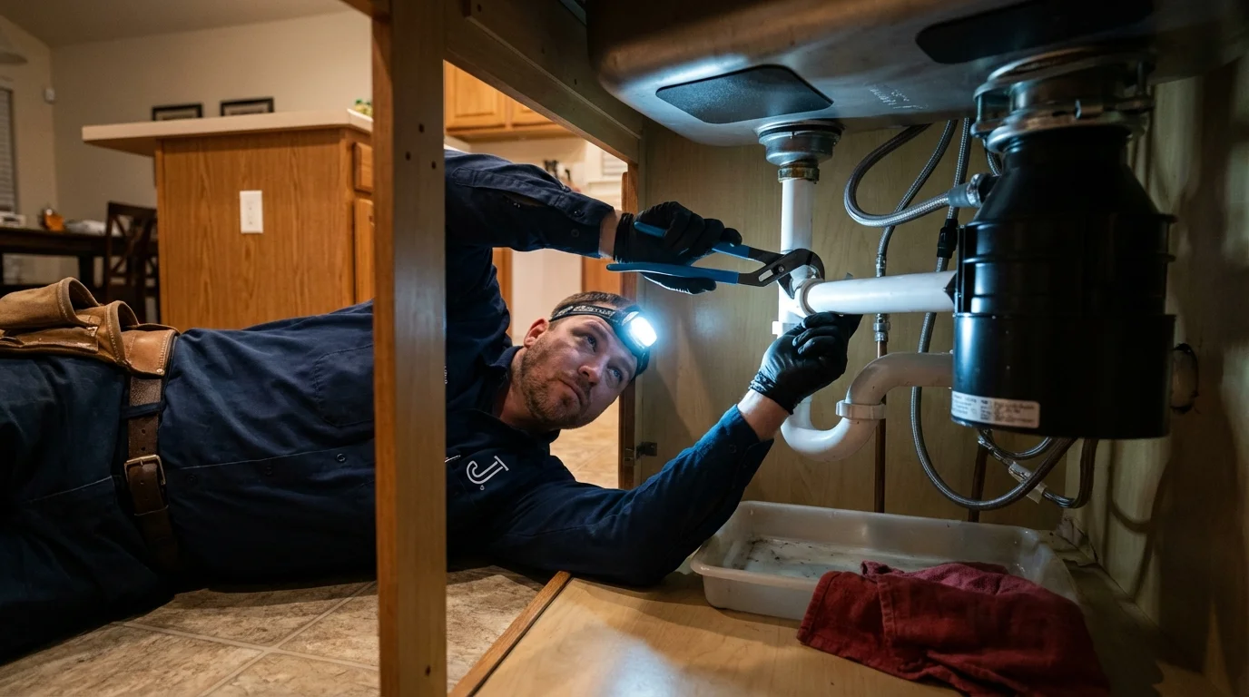P-trap and supply line connections under a kitchen sink showing a common leak point in Lockney, TX